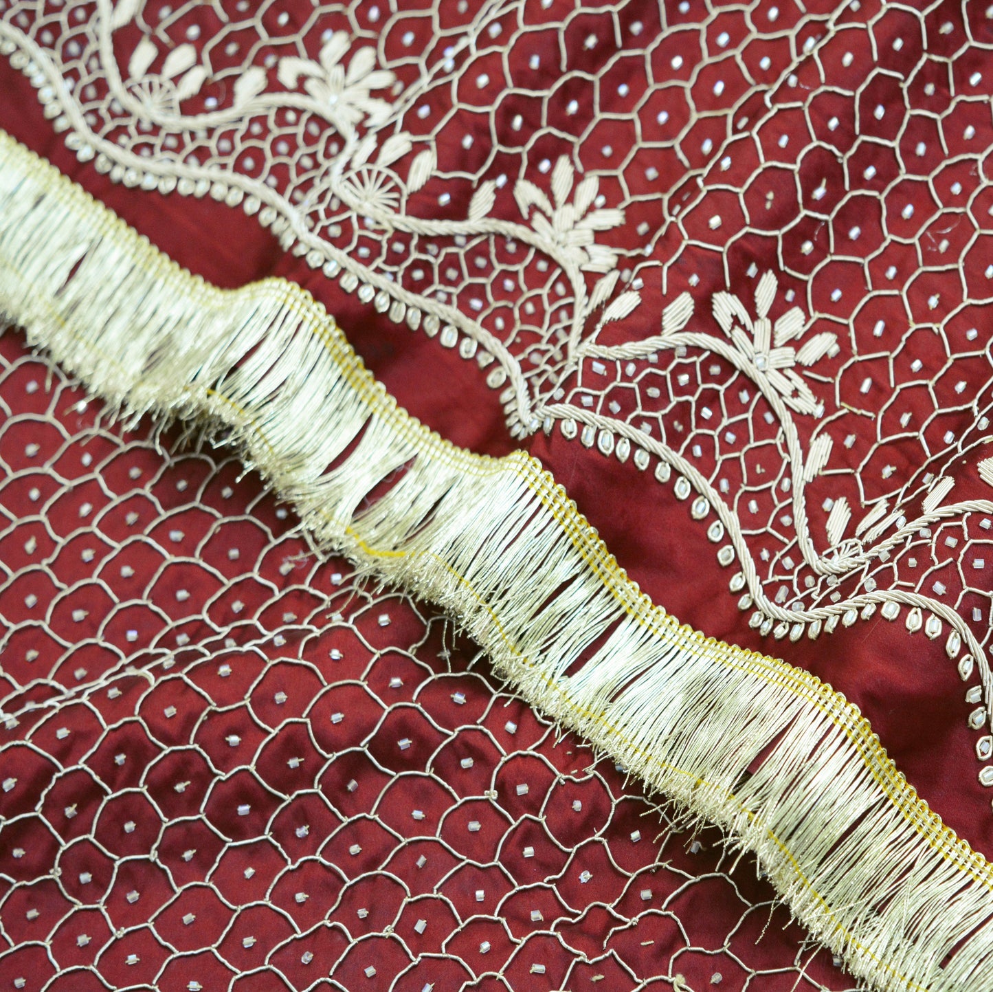 Indian Vintage Heavy Wedding Maroon Dupatta Pure Satin Silk Long Stole Hand Embroidered Scarves Golden Zardozi Stole Fringes