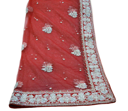 Indian Vintage Heavy Red Dupatta Net Mesh Long Stole Hand Embroidered Scarves Silver Zardozi Dabka Zari Stole