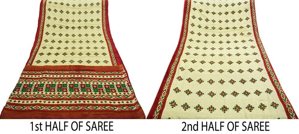 Indian Vintage Sari Red & Beige Printed 100% Pure Cotton Saree Craft Soft Fabric 5Yard Sewing Sarong Wrap Boho