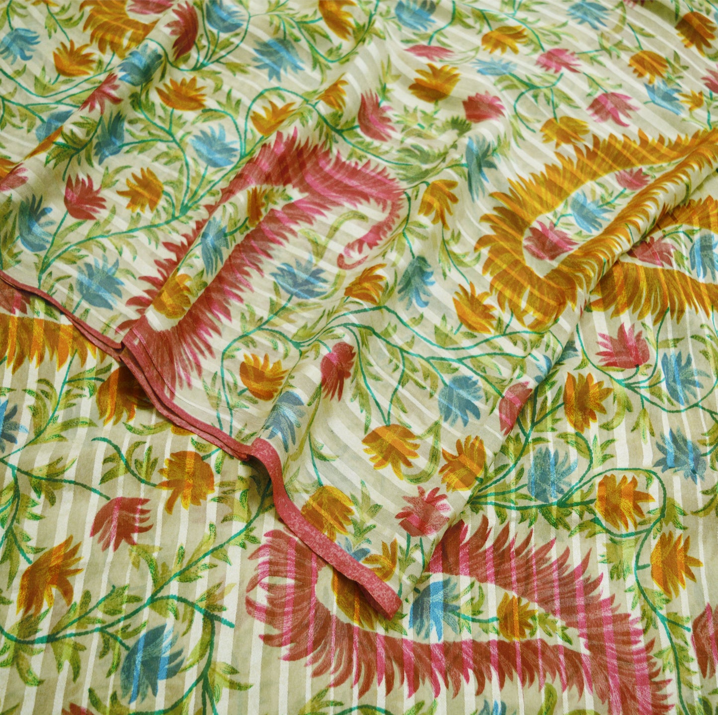 Indian Vintage Sari Ivory Pure Chiffon Silk Printed Saree Craft Fabric Sewing 5Yard Soft Light Dress Making Paisley