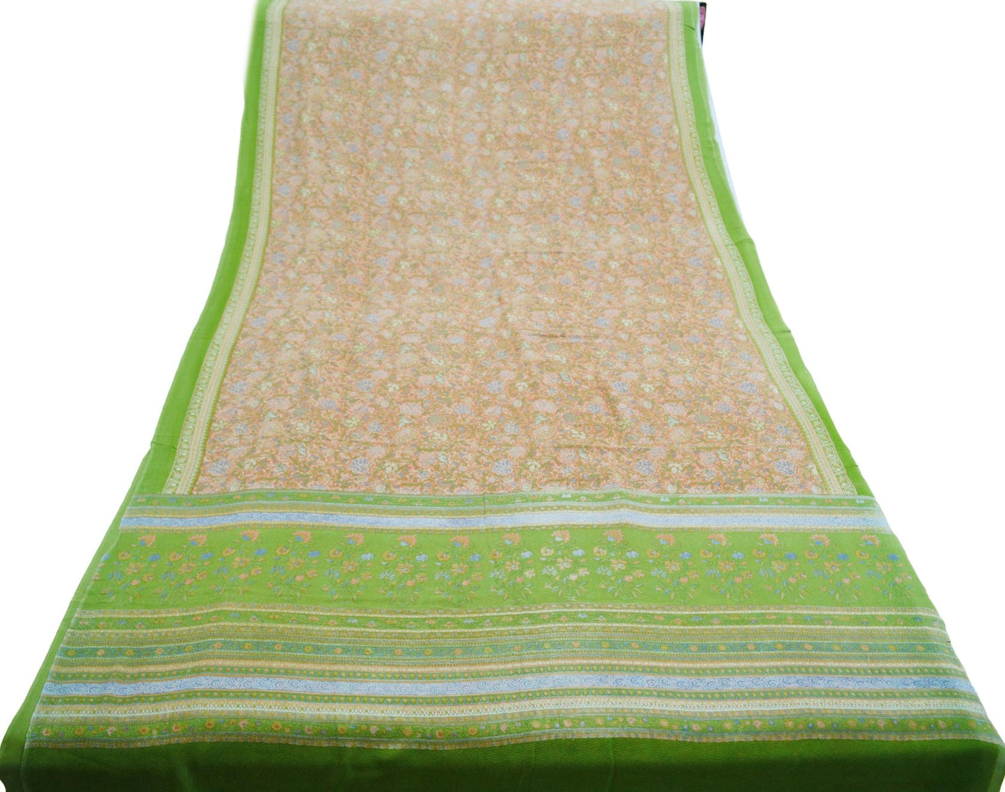 Indian Vintage Sari Peach & Green Pure Georgette Silk Printed Saree Craft Fabric Sewing 5Yard Soft Light Sari Dress Making