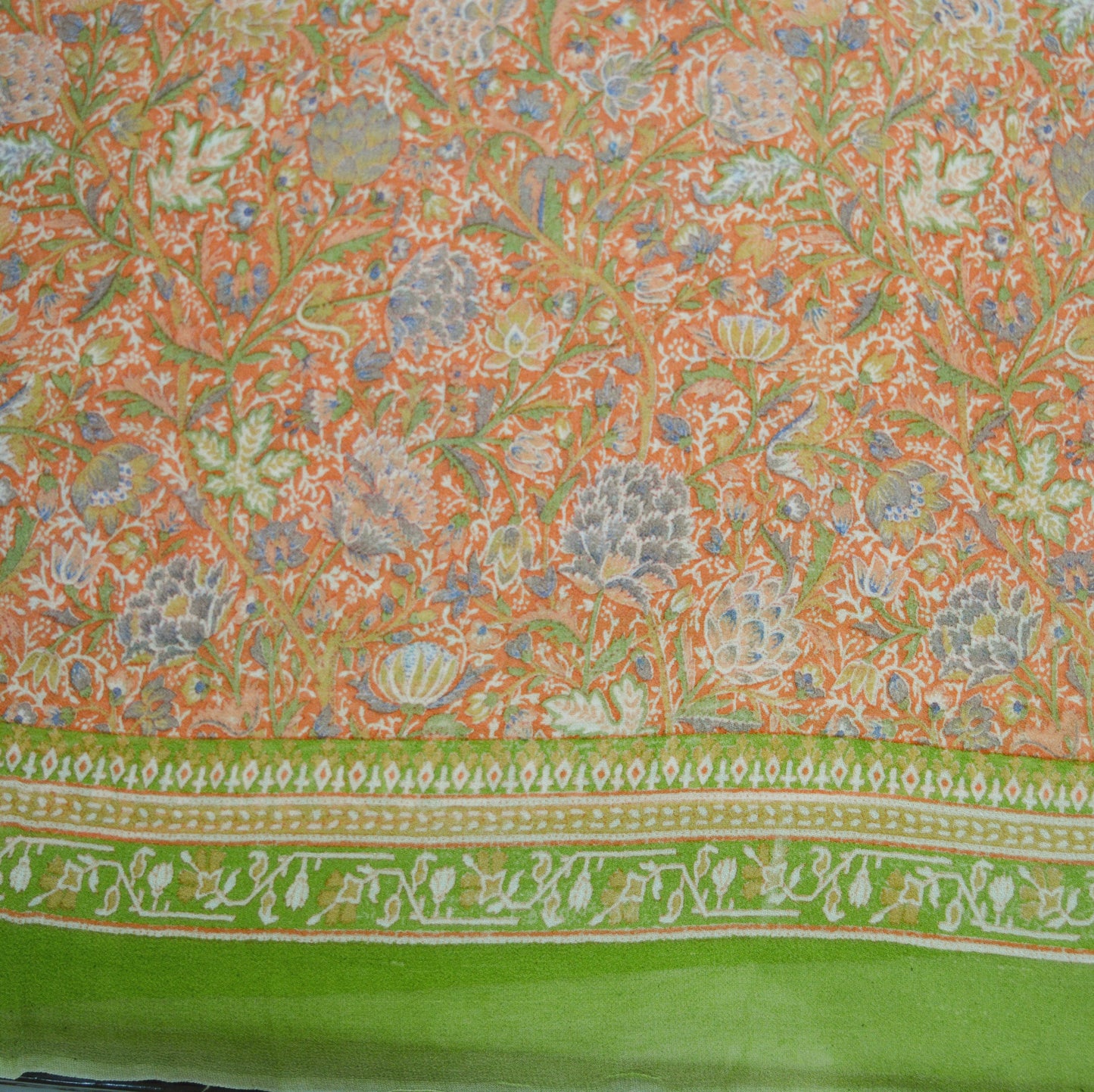 Indian Vintage Sari Peach & Green Pure Georgette Silk Printed Saree Craft Fabric Sewing 5Yard Soft Light Sari Dress Making