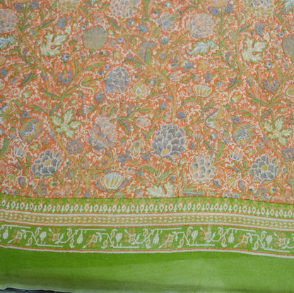 Indian Vintage Sari Peach & Green Pure Georgette Silk Printed Saree Craft Fabric Sewing 5Yard Soft Light Sari Dress Making