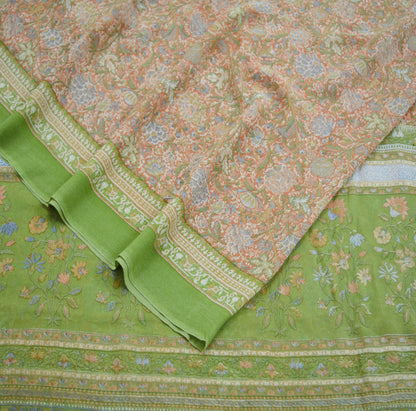 Indian Vintage Sari Peach & Green Pure Georgette Silk Printed Saree Craft Fabric Sewing 5Yard Soft Light Sari Dress Making