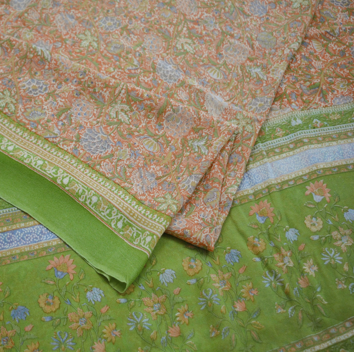 Indian Vintage Sari Peach & Green Pure Georgette Silk Printed Saree Craft Fabric Sewing 5Yard Soft Light Sari Dress Making