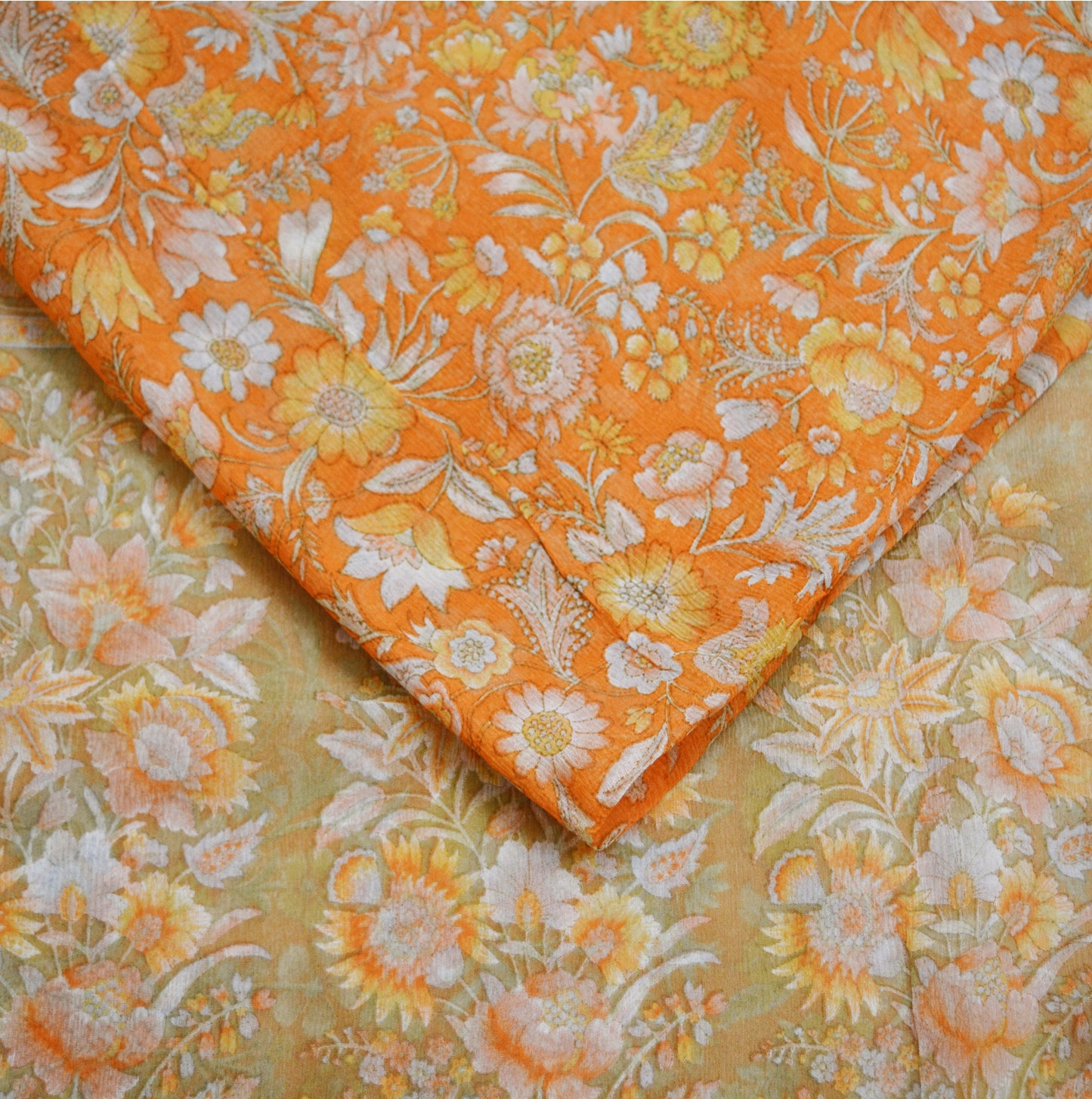 Indian Vintage Sari Orange & Green Pure Chiffon Silk Printed Sarees Craft Fabric Sewing 5Yard Soft Light Sari Dress Making