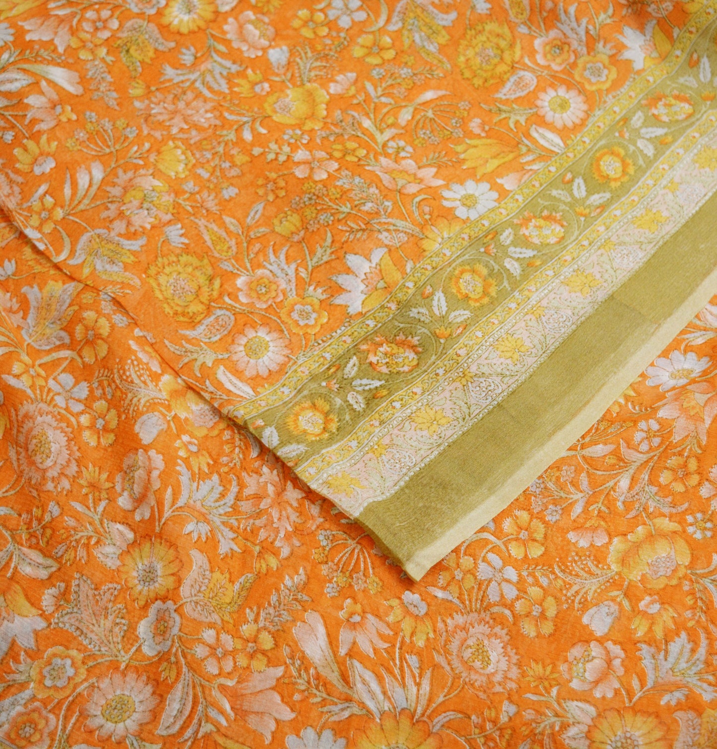 Indian Vintage Sari Orange & Green Pure Chiffon Silk Printed Sarees Craft Fabric Sewing 5Yard Soft Light Sari Dress Making