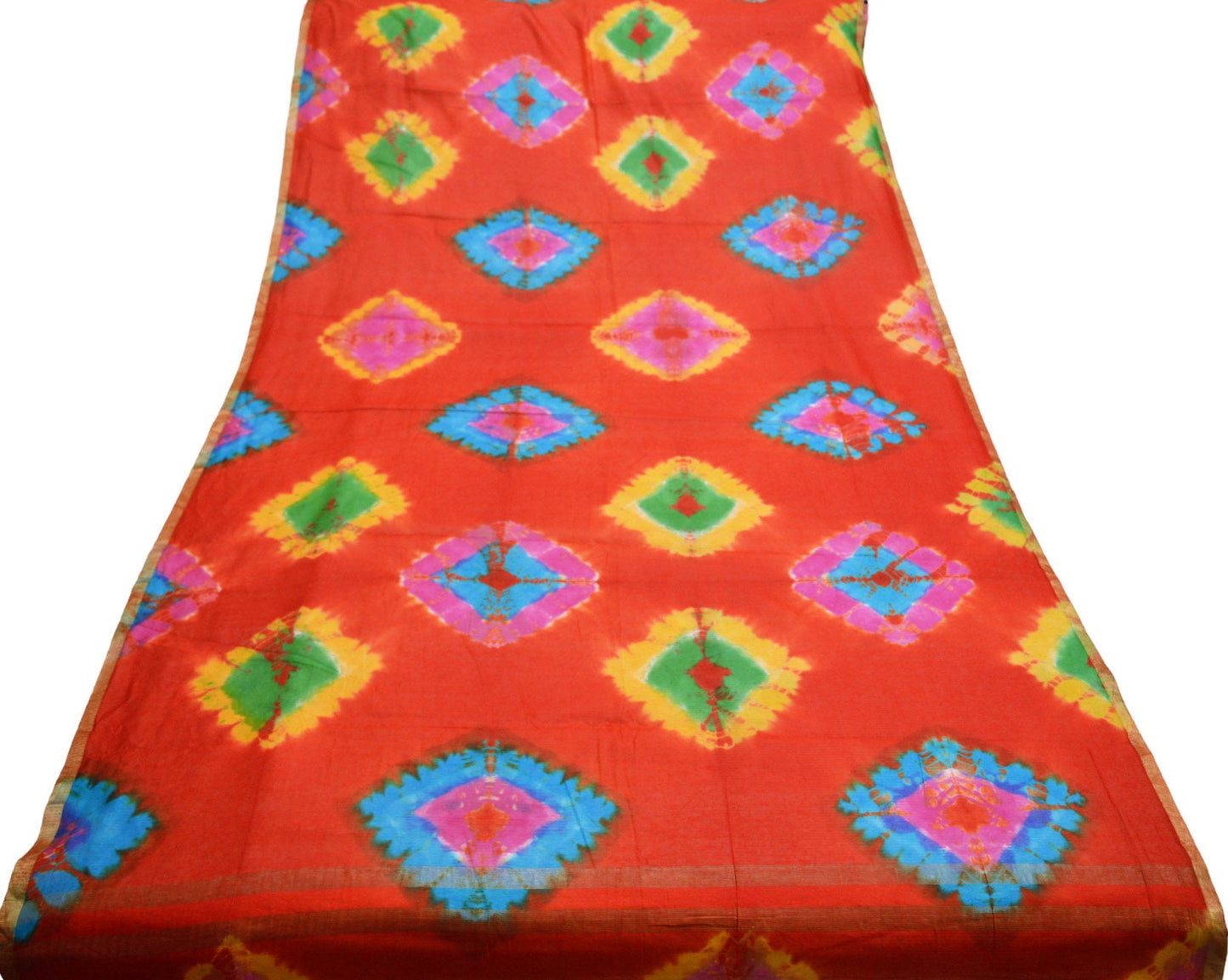 Indian Vintage Red Dupatta Long Stole Hand Tie-Dye Print Pure Chanderi Silk Indian Scarves Veil Golden Zari