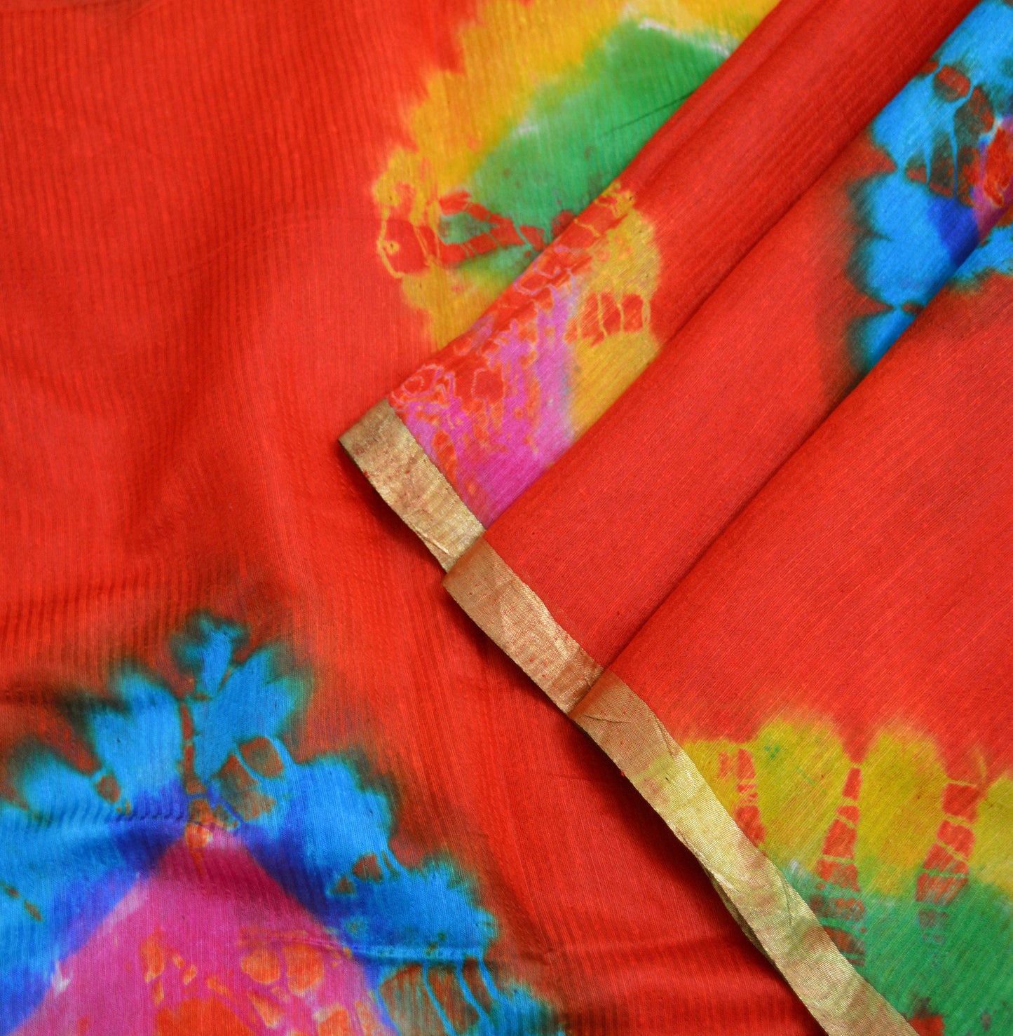 Indian Vintage Red Dupatta Long Stole Hand Tie-Dye Print Pure Chanderi Silk Indian Scarves Veil Golden Zari