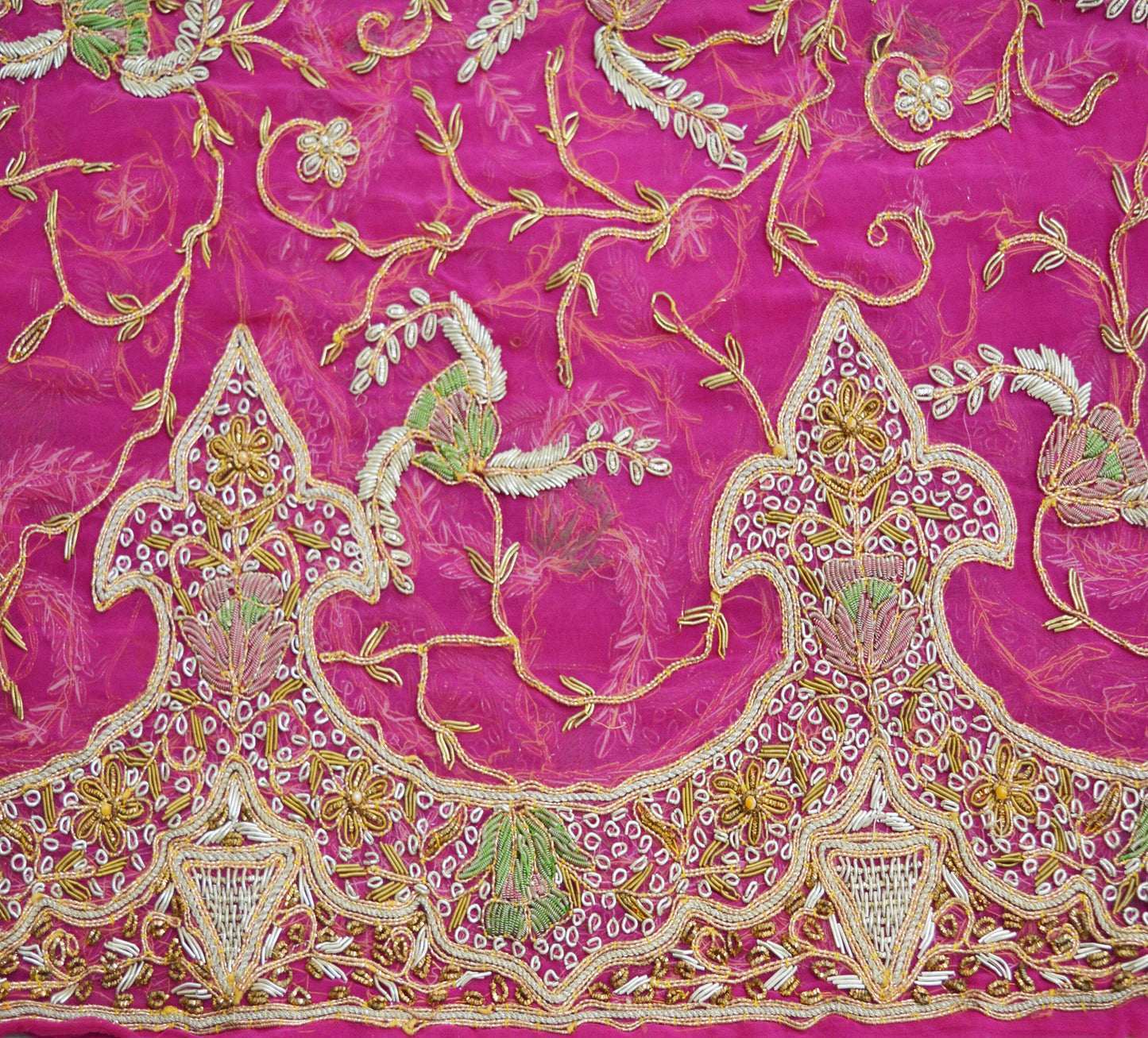 Indian Vintage Heavy Pink Dupatta American Georgette Long Stole Hand Embroidered Scarf Zari Zardozi