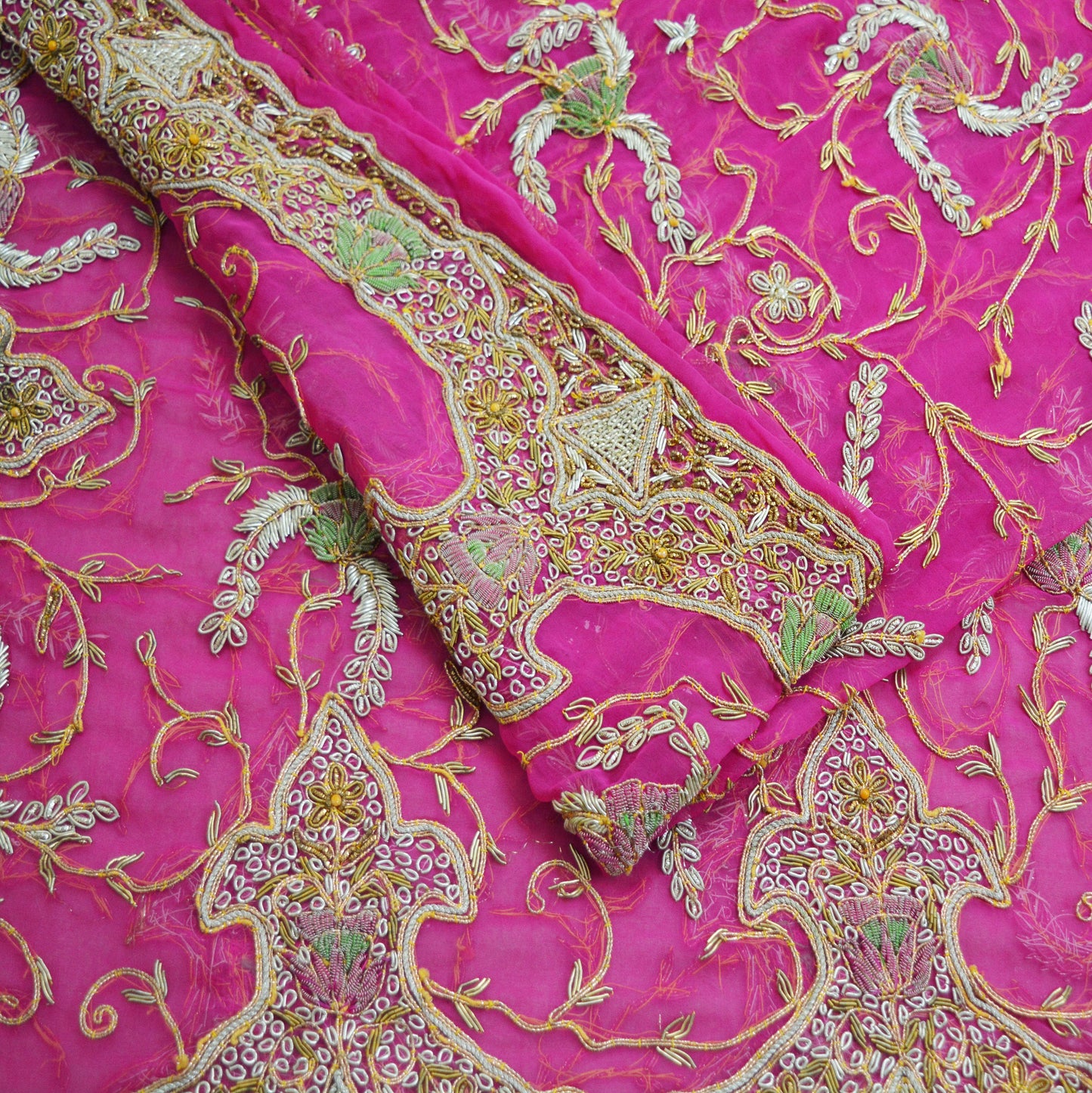 Indian Vintage Heavy Pink Dupatta American Georgette Long Stole Hand Embroidered Scarf Zari Zardozi