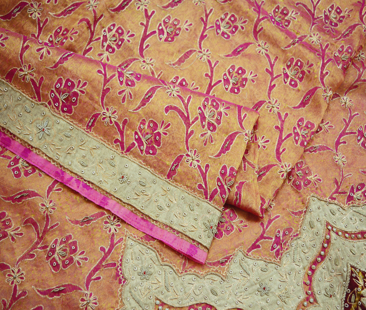 Indian Vintage Heavy Saffron Dupatta Pure Tissue Silk Long Stole Hand Embroidered Scarves Zari Zardozi/Dabka