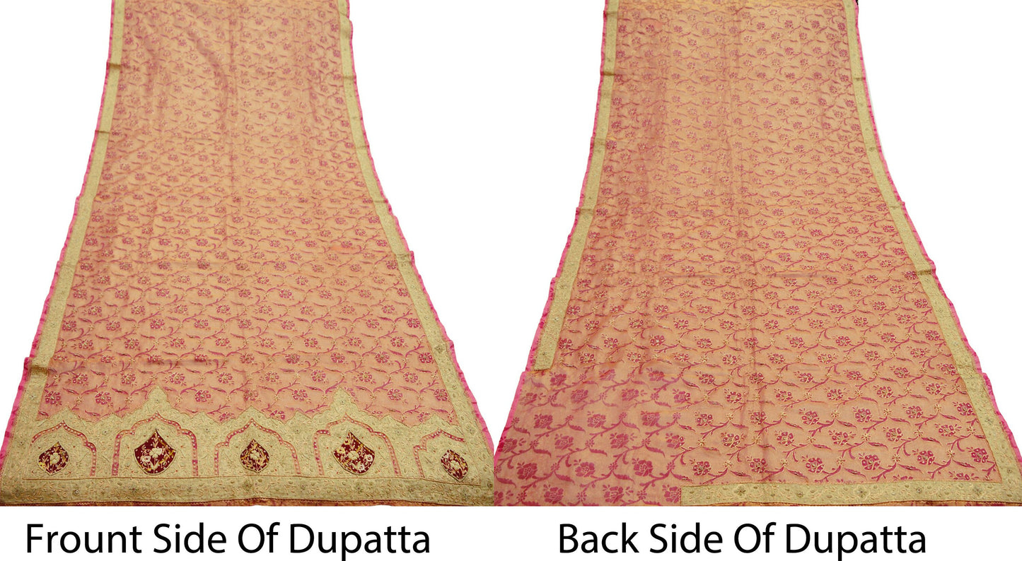 Indian Vintage Heavy Saffron Dupatta Pure Tissue Silk Long Stole Hand Embroidered Scarves Zari Zardozi/Dabka