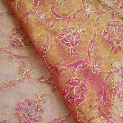 Indian Vintage Heavy Saffron Dupatta Pure Tissue Silk Long Stole Hand Embroidered Scarves Zari Zardozi/Dabka