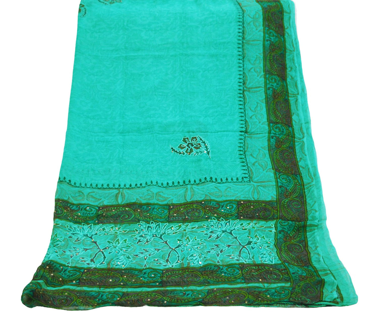 Vintage Green Dupatta Long Stole Pure Georgette Silk Hand Embroidered Indian Scarves Veil Hijab Floral Sequins