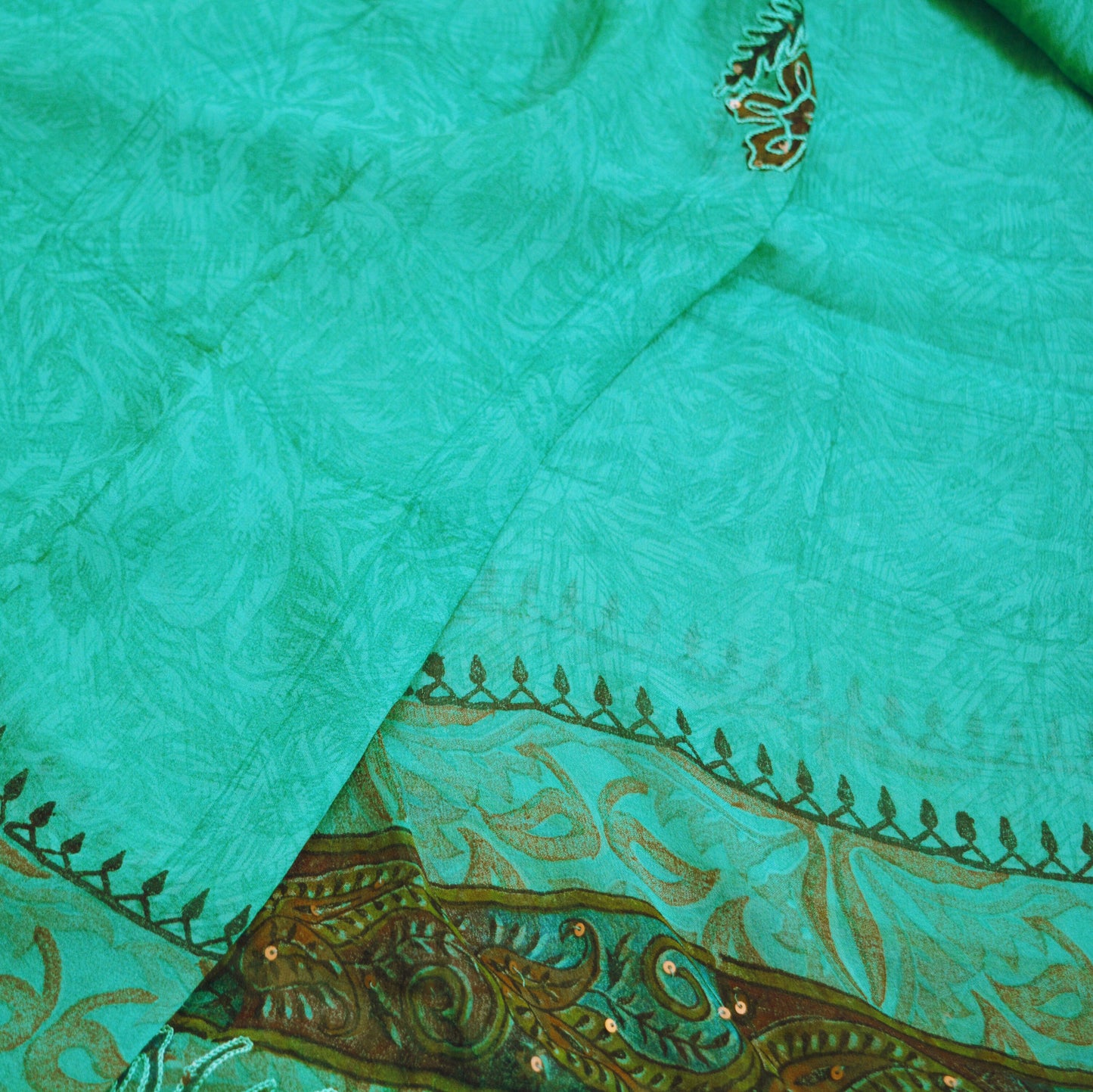 Vintage Green Dupatta Long Stole Pure Georgette Silk Hand Embroidered Indian Scarves Veil Hijab Floral Sequins