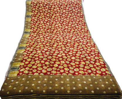 Indian Vintage Sari Red & Brown Pure Georgette Silk Hand Block Printed Saree Sewing 5yd Craft Soft Dress Designing Crafting Floral