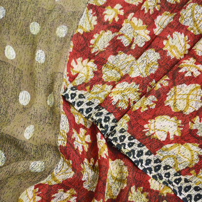 Indian Vintage Sari Red & Brown Pure Georgette Silk Hand Block Printed Saree Sewing 5yd Craft Soft Dress Designing Crafting Floral