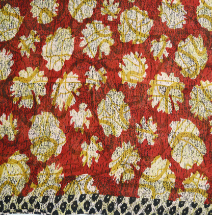 Indian Vintage Sari Red & Brown Pure Georgette Silk Hand Block Printed Saree Sewing 5yd Craft Soft Dress Designing Crafting Floral