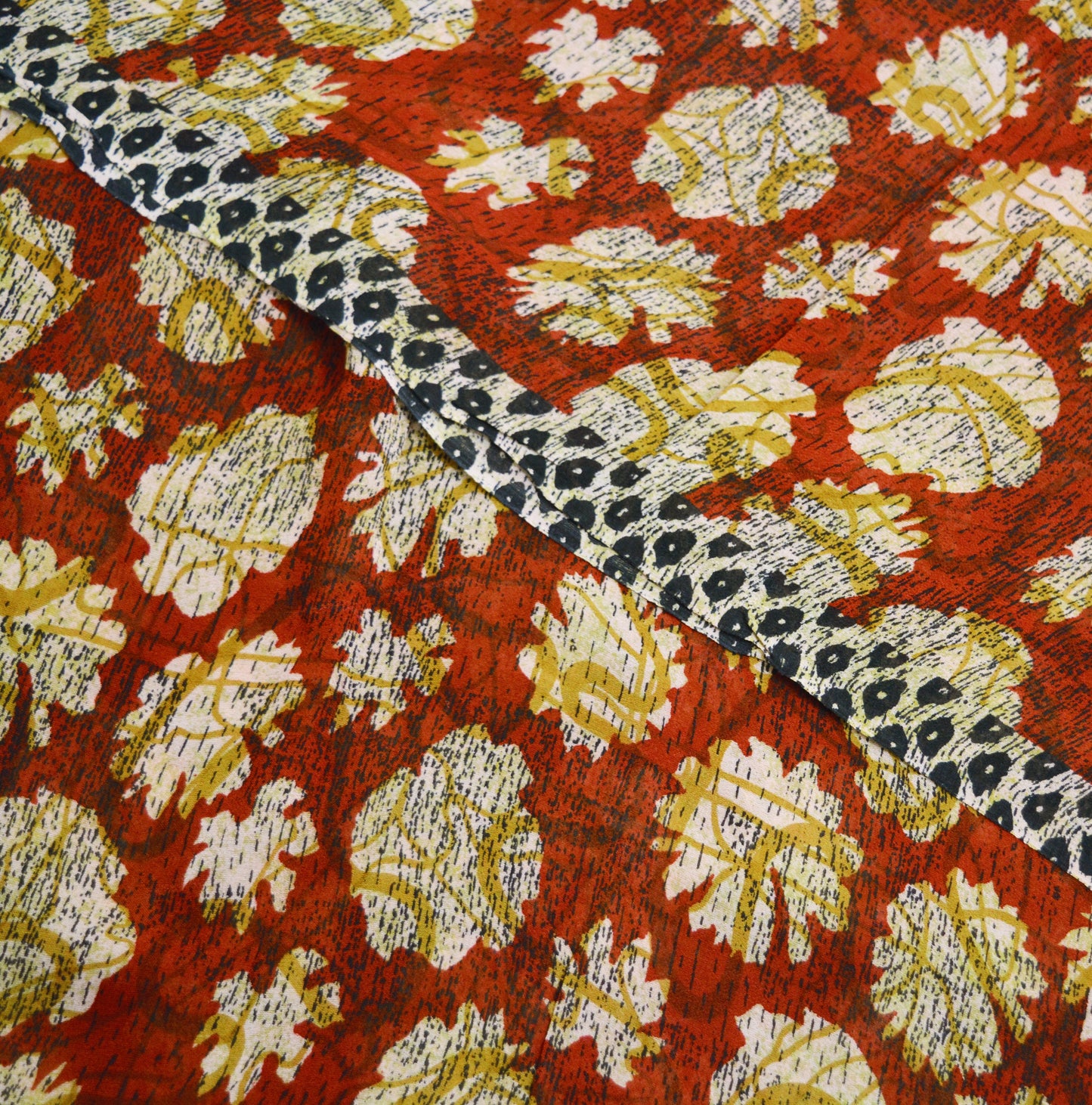 Indian Vintage Sari Red & Brown Pure Georgette Silk Hand Block Printed Saree Sewing 5yd Craft Soft Dress Designing Crafting Floral