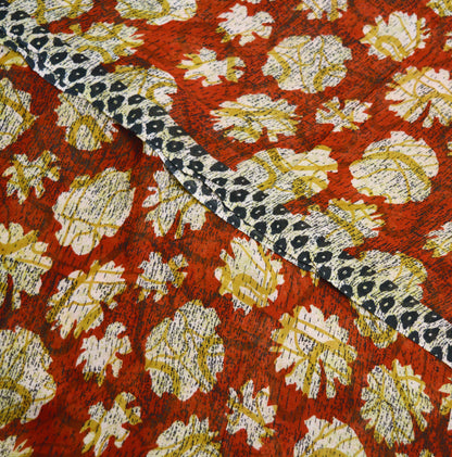 Indian Vintage Sari Red & Brown Pure Georgette Silk Hand Block Printed Saree Sewing 5yd Craft Soft Dress Designing Crafting Floral