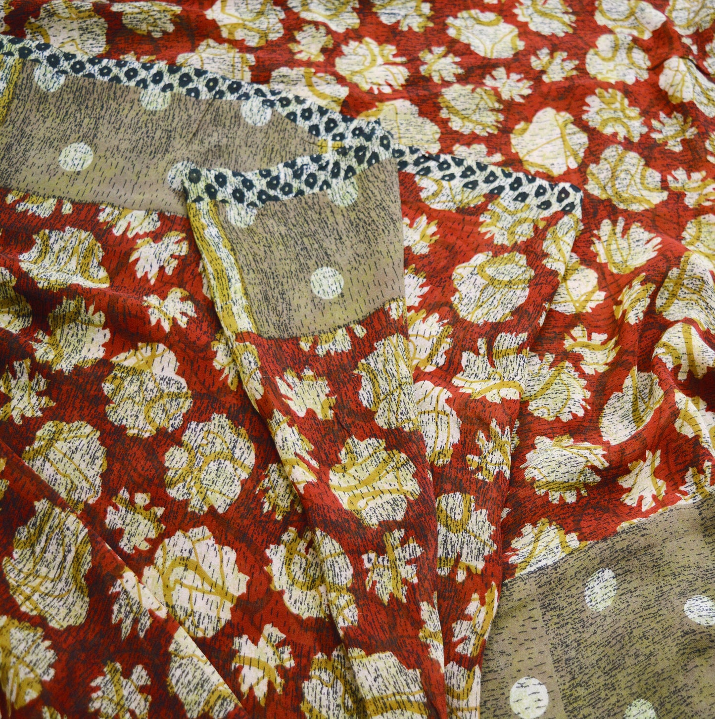 Indian Vintage Sari Red & Brown Pure Georgette Silk Hand Block Printed Saree Sewing 5yd Craft Soft Dress Designing Crafting Floral