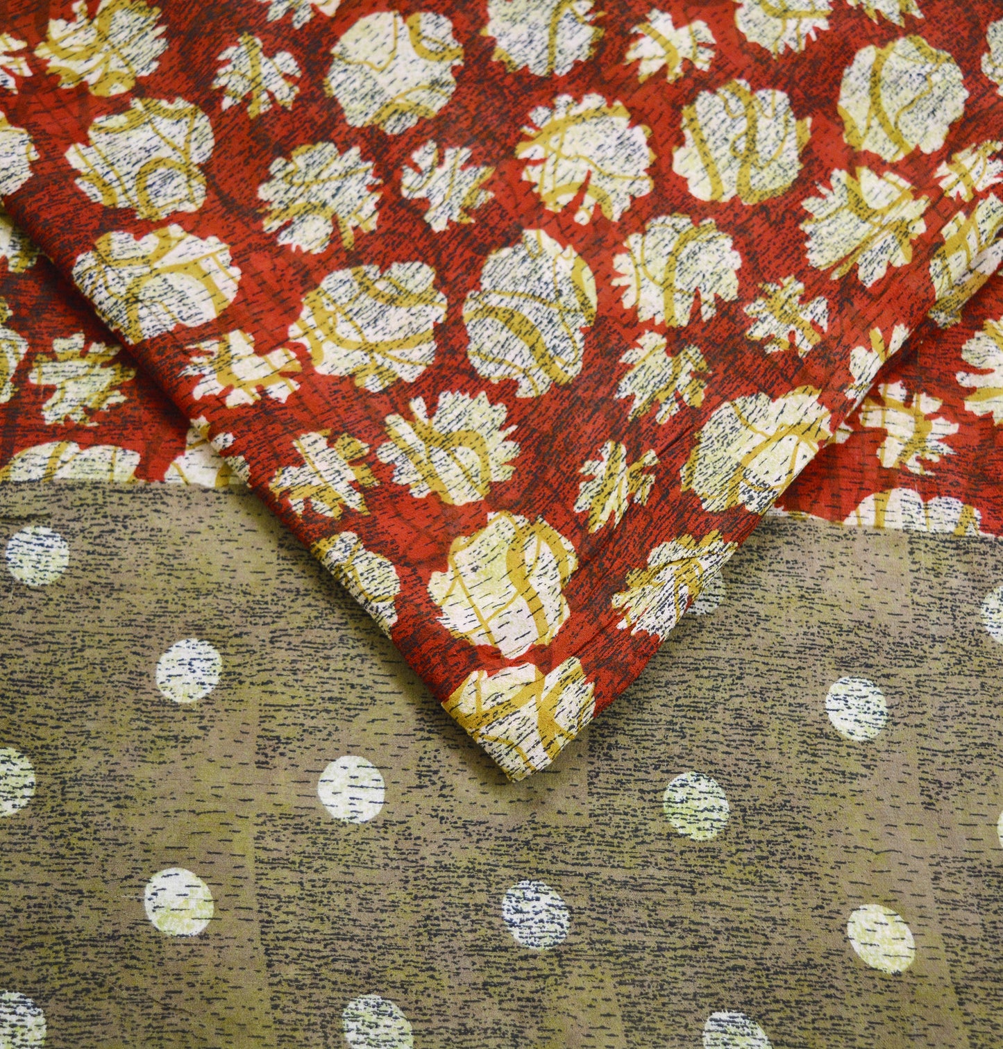 Indian Vintage Sari Red & Brown Pure Georgette Silk Hand Block Printed Saree Sewing 5yd Craft Soft Dress Designing Crafting Floral