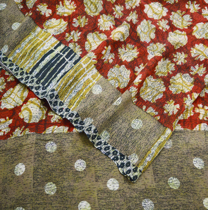 Indian Vintage Sari Red & Brown Pure Georgette Silk Hand Block Printed Saree Sewing 5yd Craft Soft Dress Designing Crafting Floral