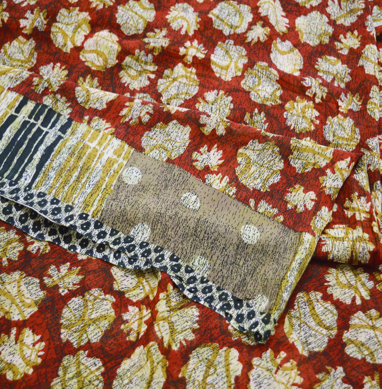 Indian Vintage Sari Red & Brown Pure Georgette Silk Hand Block Printed Saree Sewing 5yd Craft Soft Dress Designing Crafting Floral