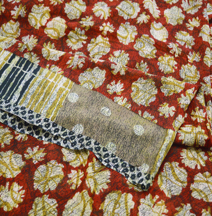 Indian Vintage Sari Red & Brown Pure Georgette Silk Hand Block Printed Saree Sewing 5yd Craft Soft Dress Designing Crafting Floral