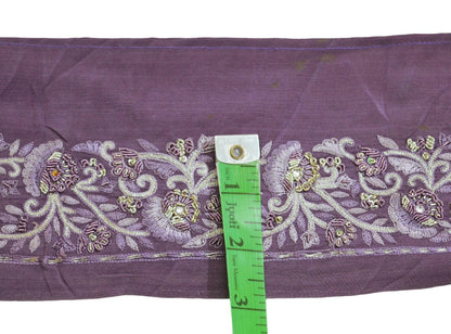 Indian Vintage Purple Sari Border Hand Embroidered Indian Craft Trim Lace Sewing Sari Ribbon Pure Crepe silk  Zardozi/Dabka Zari