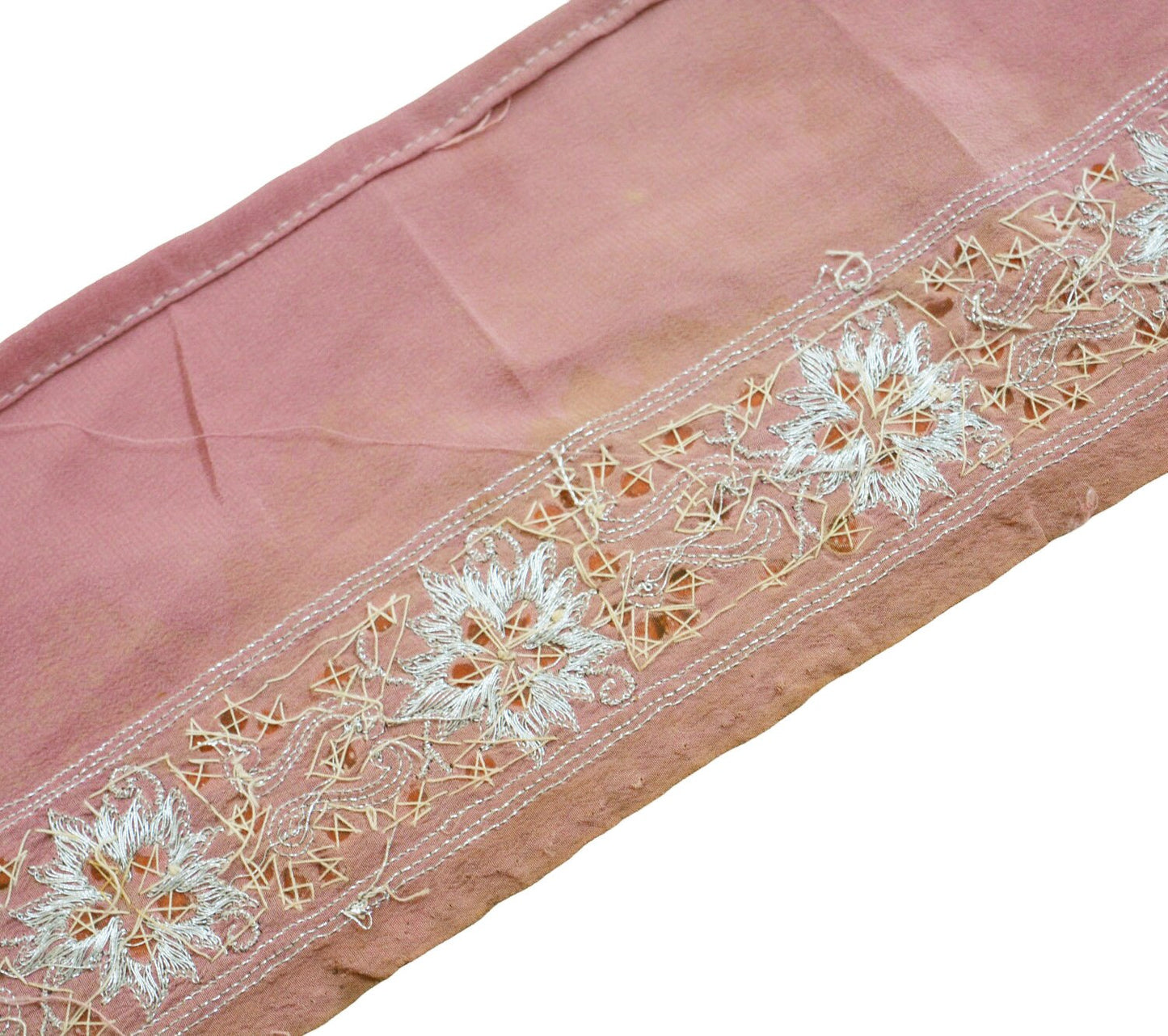 Indian Vintage Pink Sari Border Hand Embroidered Craft Trim Lace Sewing Sari Ribbon Pure Crepe silk  Zardozi/Dabka Zari Dress Making Upcycle