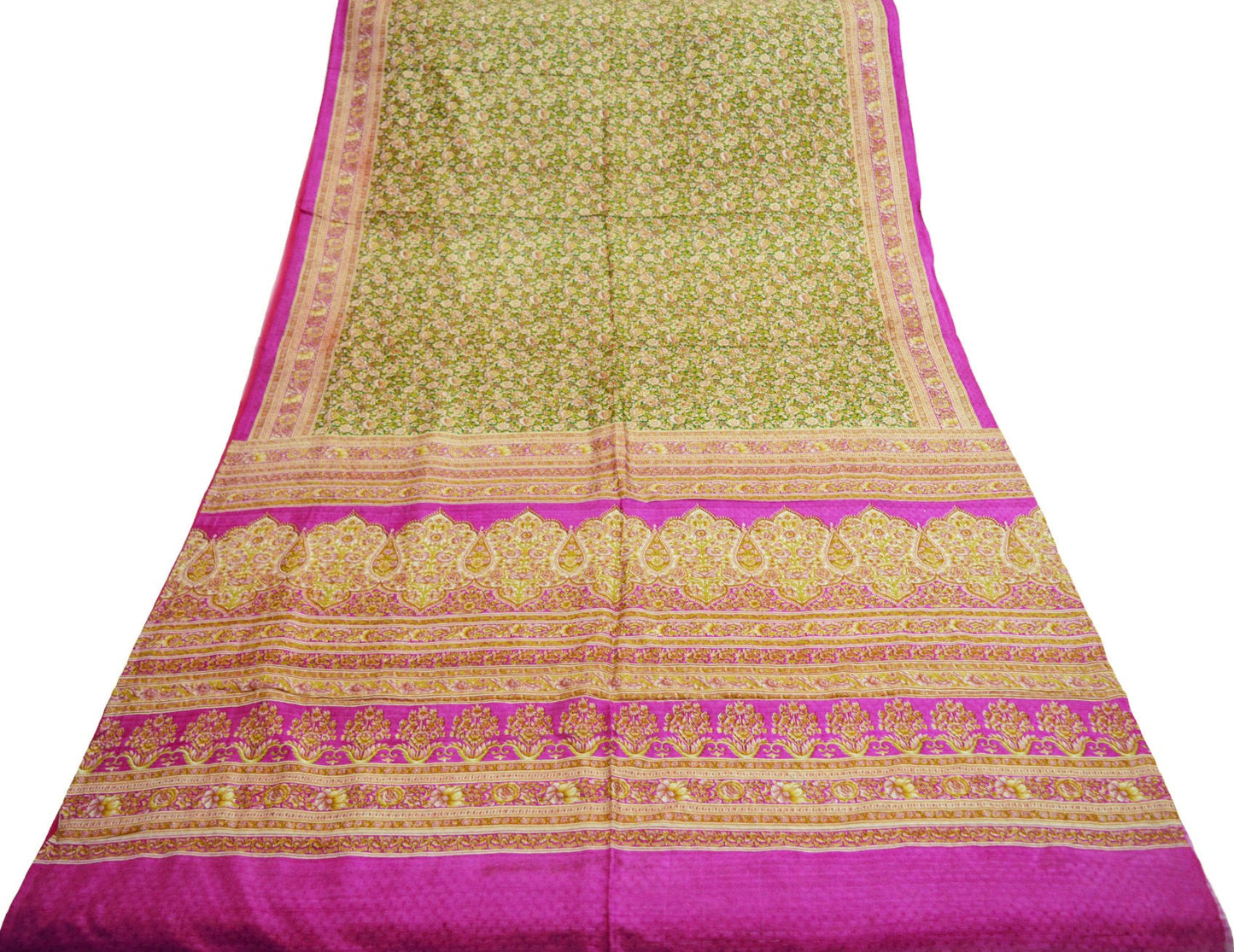 Indian Vintage Sari Pink & Green Pure Silk Printed Saree Fabric 6yd Sewing Craft DressMaking  Soft Floral Ethnic