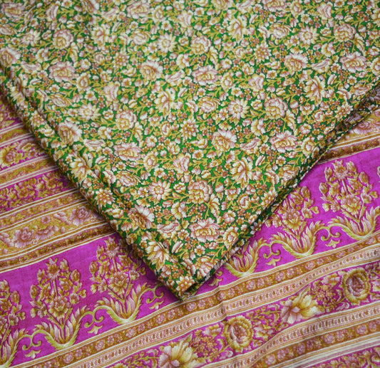 Indian Vintage Sari Pink & Green Pure Silk Printed Saree Fabric 6yd Sewing Craft DressMaking  Soft Floral Ethnic