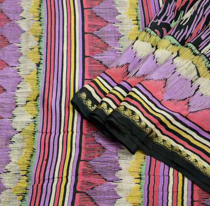 Vintage Sari Black Pure Silk Printed Saree  Craft Fabric 6yard Sewing Floral Soft Dress Designing  for Crafting