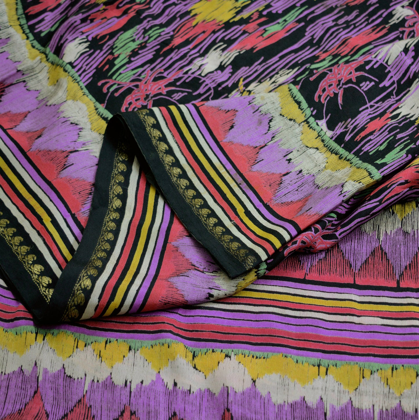 Vintage Sari Black Pure Silk Printed Saree  Craft Fabric 6yard Sewing Floral Soft Dress Designing  for Crafting