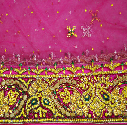 Indian Vintage Heavy Pink Dupatta Net Mesh Long Stole Hand Embroidered Scarf Glass Beaded Stole