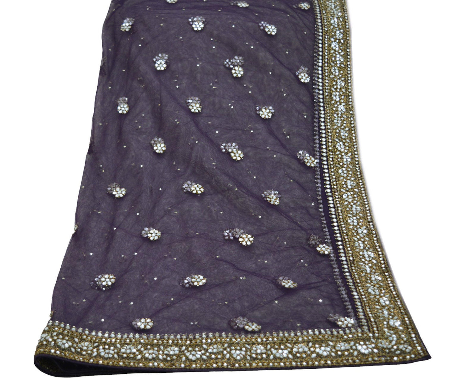 Indian Vintage Heavy Purple Dupatta Net Mesh Long Stole Hand Embroidered Scarf Purple Zardozi Zari Sequins Stole