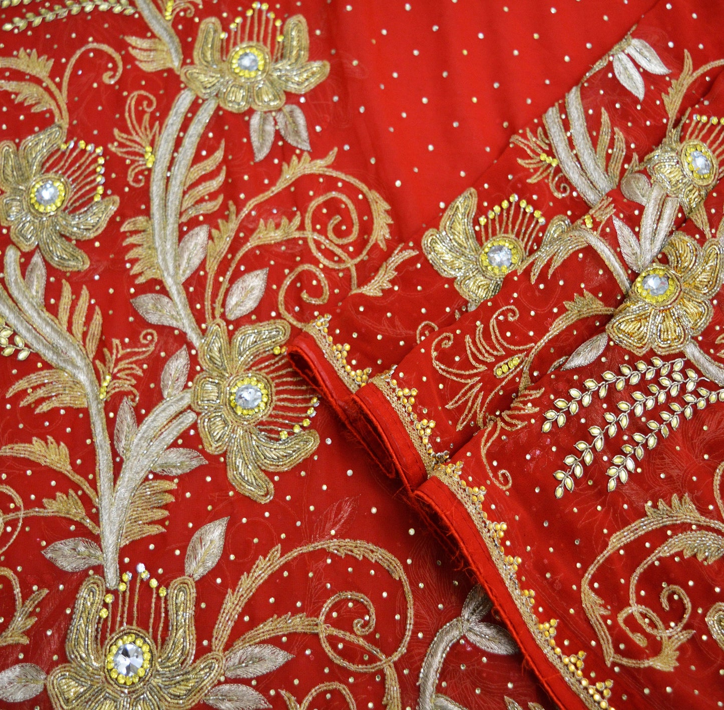 Indian Vintage Heavy Red Dupatta Georgette Long Stole Hand Embroidered Scarf Zardozi/Dabka