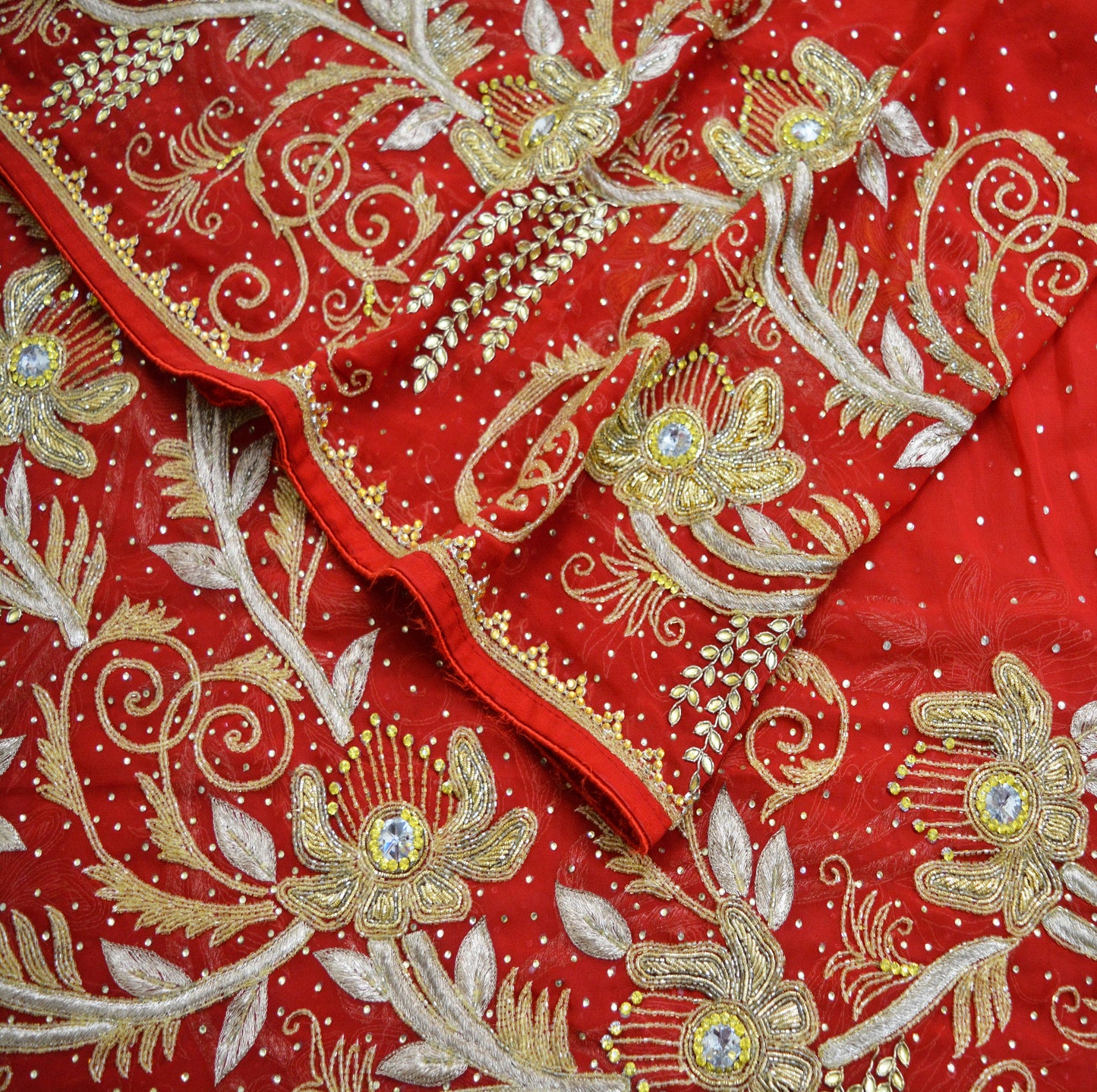 Indian Vintage Heavy Red Dupatta Georgette Long Stole Hand Embroidered Scarf Zardozi/Dabka