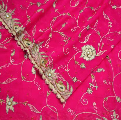 Indian Vintage Heavy Pink Dupatta American Georgette Long Stole Hand Embroidered Scarf Zari Zardozi