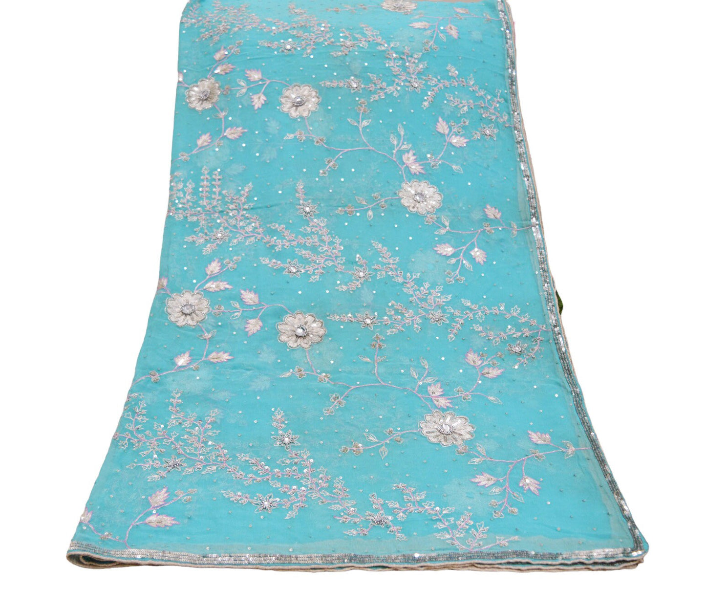 Indian Vintage Heavy Blue Dupatta Pure Georgette Silk Long Stole Hand Embroidered Scarf Zari