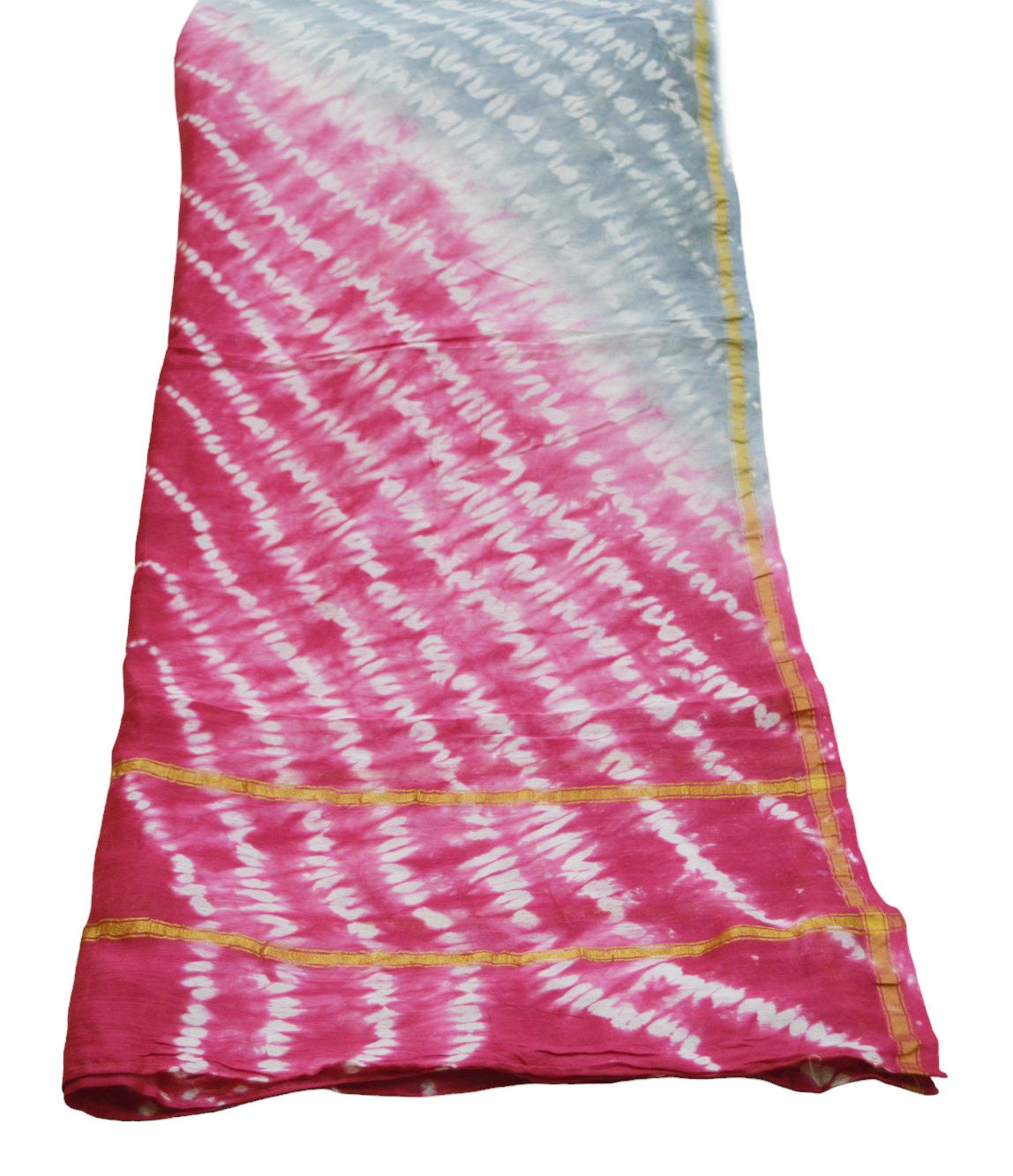 Indian Vintage Gray & Pink Dupatta Long Stole Hand Tie-Dye Print Pure Chanderi Silk Indian Scarves Veil Golden Zari