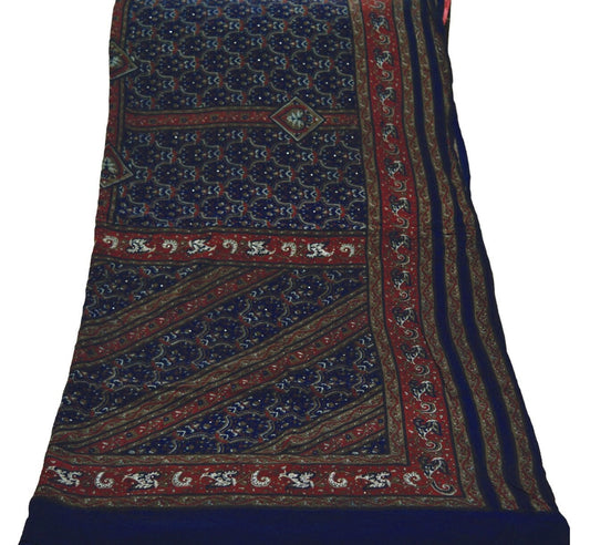 Women Indian Vintage Blue Dupatta Long Stole Pure Crepe silk Printed Embroidered Dupatta Veil Scarves soft Boho Wrap