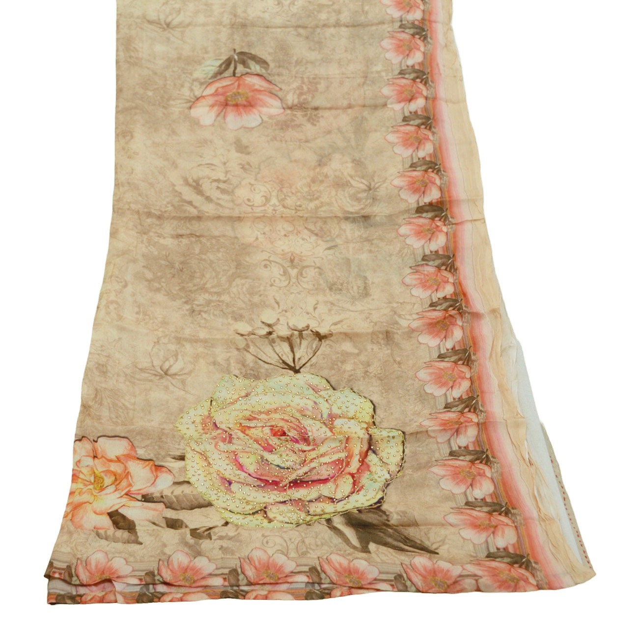 Vintage Dupatta Beige Long Stole Blend Silk Digital Printed Scarves Veil Hijab Wrap Floral