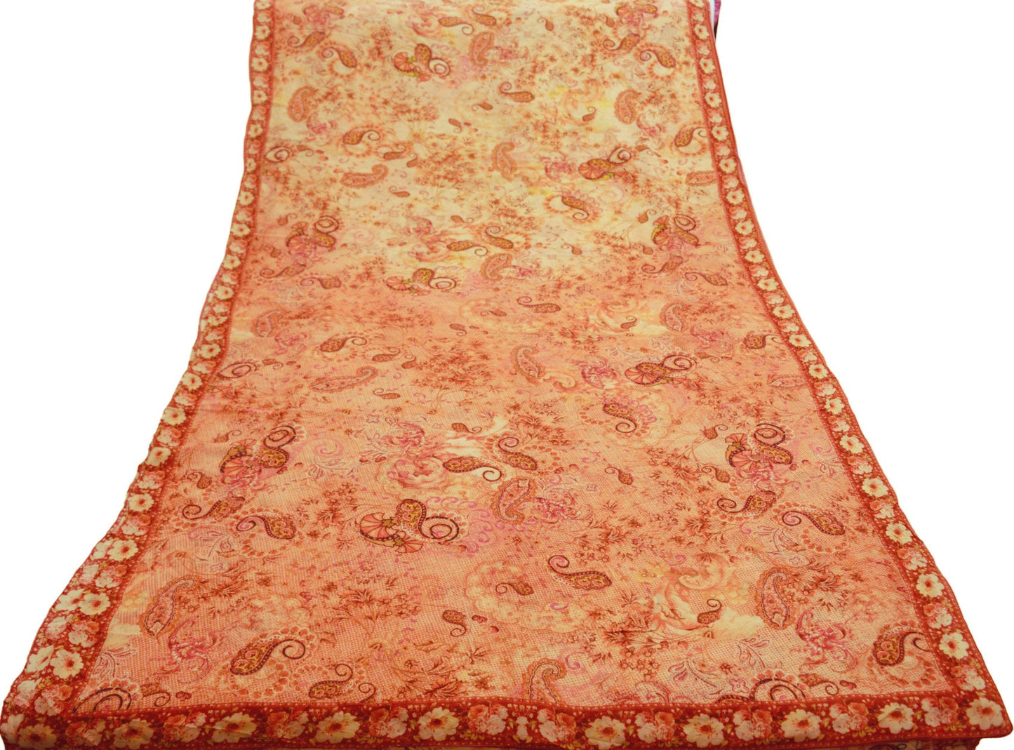 Women Vintage Sari Peach & Beige Pure Georgette Silk Digital Printed Saree Craft Fabric Sewing 5Yd Light Dress Making Paisley