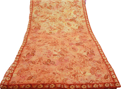 Women Vintage Sari Peach & Beige Pure Georgette Silk Digital Printed Saree Craft Fabric Sewing 5Yd Light Dress Making Paisley