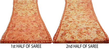 Women Vintage Sari Peach & Beige Pure Georgette Silk Digital Printed Saree Craft Fabric Sewing 5Yd Light Dress Making Paisley