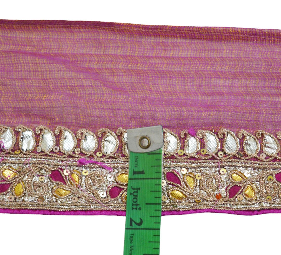 Indian Vintage Pink Sari Border Hand Embroidered Gota Patti Craft Trim Lace Sewing Sari Ribbon Pure silk  Zardozi/Dabka Zari Dress making