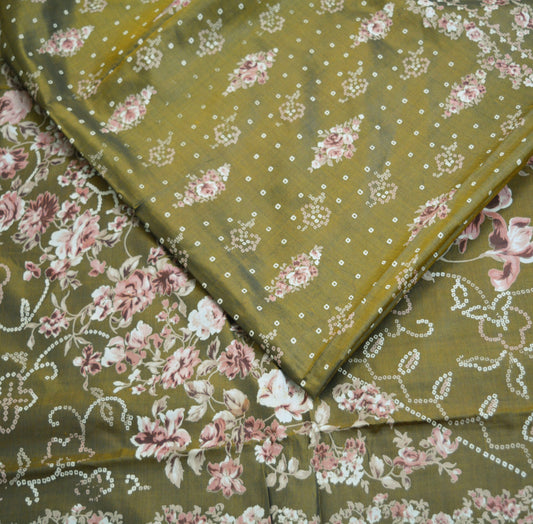 Vintage Sari Green Pure Silk Printed Sarees Fabric 5yard Sewing Soft Dress Designing for Crafting ,Decor Floral